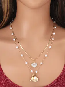 Gold Layered Necklace for Women Stackable Necklaces Chain Trendy Women Accessories Jewelry Dainty Stacked Artificial Pearl Necklace Shell Neckalce for Dress Long Necklaces for Women Party Club Music Festival Vocation Accessories