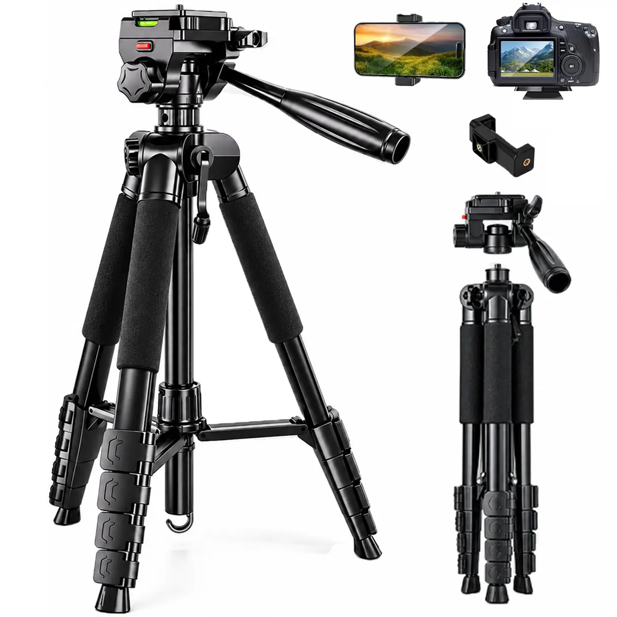 74" Adjustable Aluminum Portable Photography Tripod & Monopod (555TK) – Detachable Pan-Tilt Head, Smartphone Stabilizing Mount & Phone Holder, Durable Camera Support Stand for Live Streaming, Vlogging, iPhone & Camera, Tripod for iPhone