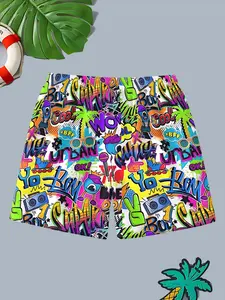 Summer Graffiti Beach Shorts, Colorful Pattern Boys' Short Pants, Essential Fashion Item for Beach Vacation, Casual Loose-Fitting Trunks
