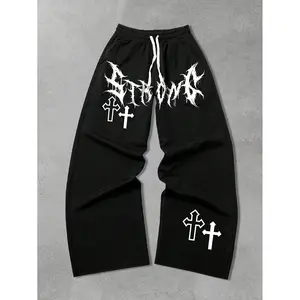 Y2K Gothic Cross Dripping Letter Print Wide Leg Sweatpants - Black Loose Casual Streetwear Pants for Alt Fashion