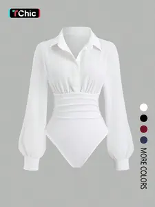 Women's Fashion Button Down Collar Long Sleeve Solid Color Slim Fit Jumpsuit Womenswear, Stylish for Casual and Formal Occasions