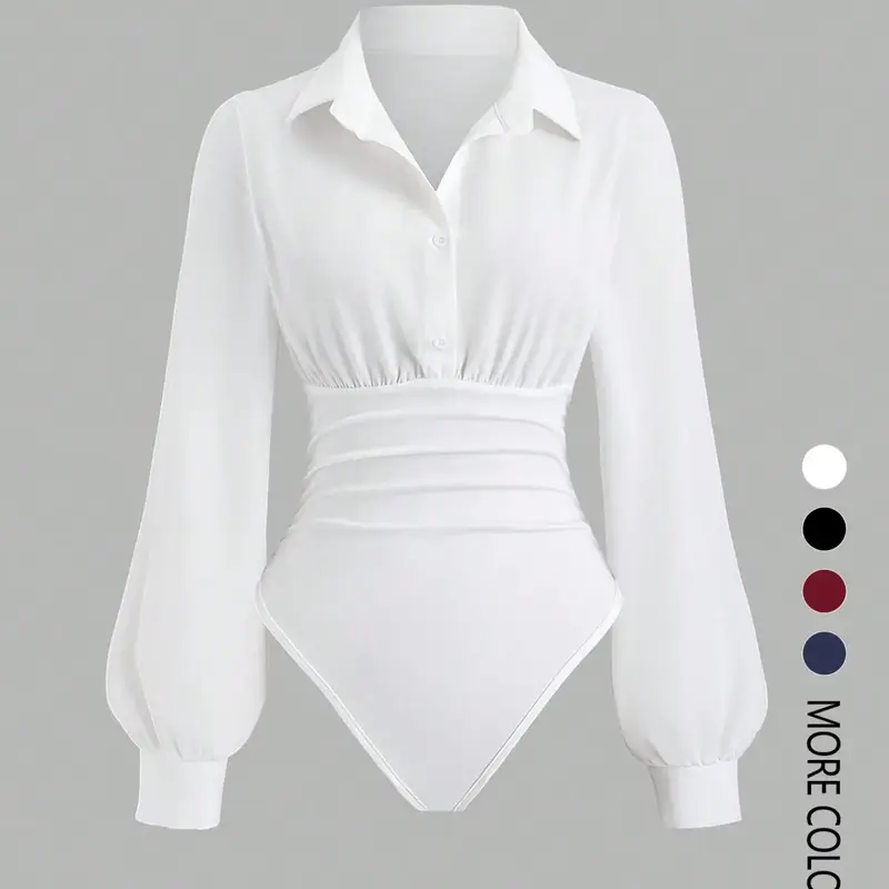 Women's solid color slim-fit V-neck long-sleeved shirt jumpsuit, elegant woven fabric, slim fit, suitable for all seasons, and can be layered flexibly, Bodysuits, Bodycon Bodysuit
