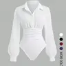 Women's solid color slim-fit V-neck long-sleeved shirt jumpsuit, elegant woven fabric, slim fit, suitable for all seasons, and can be layered flexibly, Bodysuits, Bodycon Bodysuit