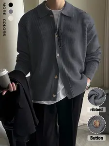 Men's Solid Color Knitted Cardigan, Classical Long Sleeve Lapel Collar Drop Shoulder Sweater Top, Basic Button Down Soft Warm outwear Jacket, 2025 Fall Winter Clothes , Lounge wear, daily life, casual, club wear, Christmas,new year party, Knitwear