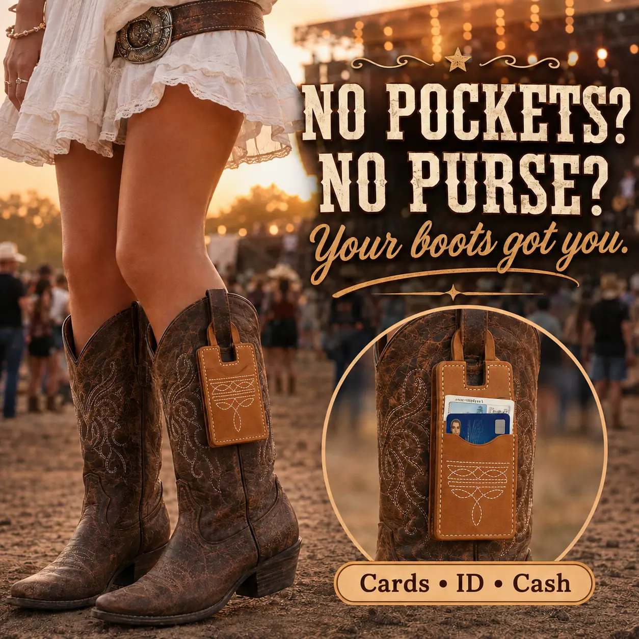Cowgirl Boot Wallet for Cowboy Boots, Hands-Free Card & Cash Holder, Double Strap Snap Design for Concerts & Rodeos Party outfit