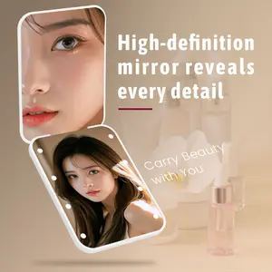 Portable 2x Magnification Compact Makeup Mirror with LED Lights Pocket Traveling Hand Led Makeup Small Mirror