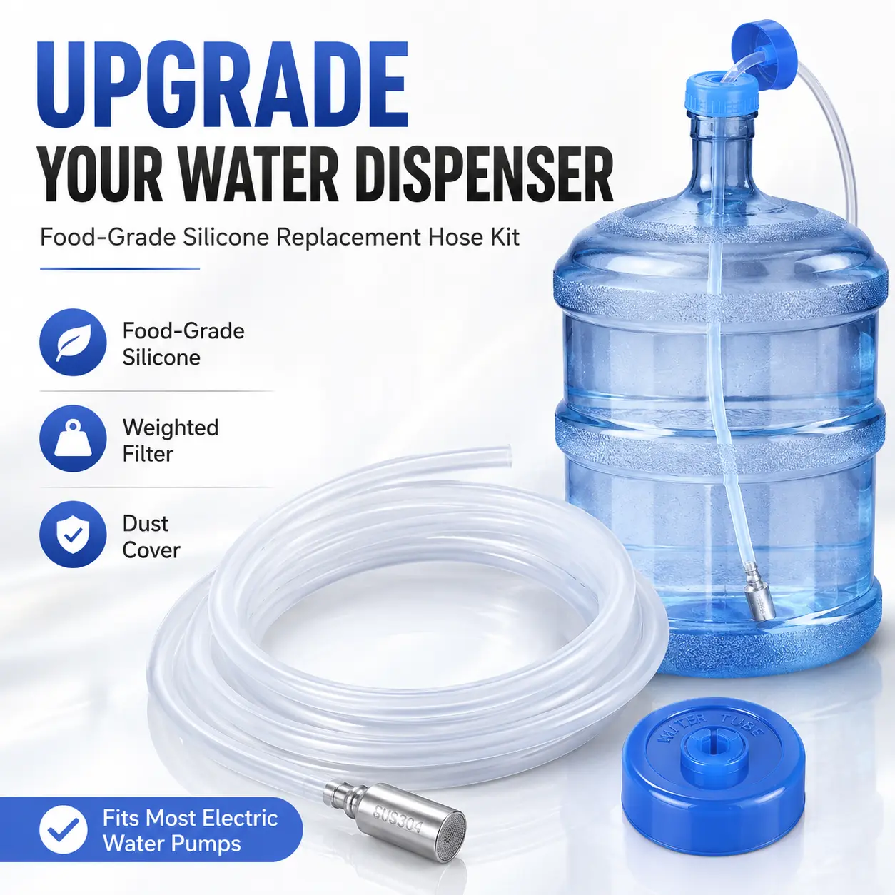 5 Gallon Water Dispenser Replacement Hose Kit, Food Grade Silicone Tube with Weighted Filter & Dust Cover for Electric Water Pump