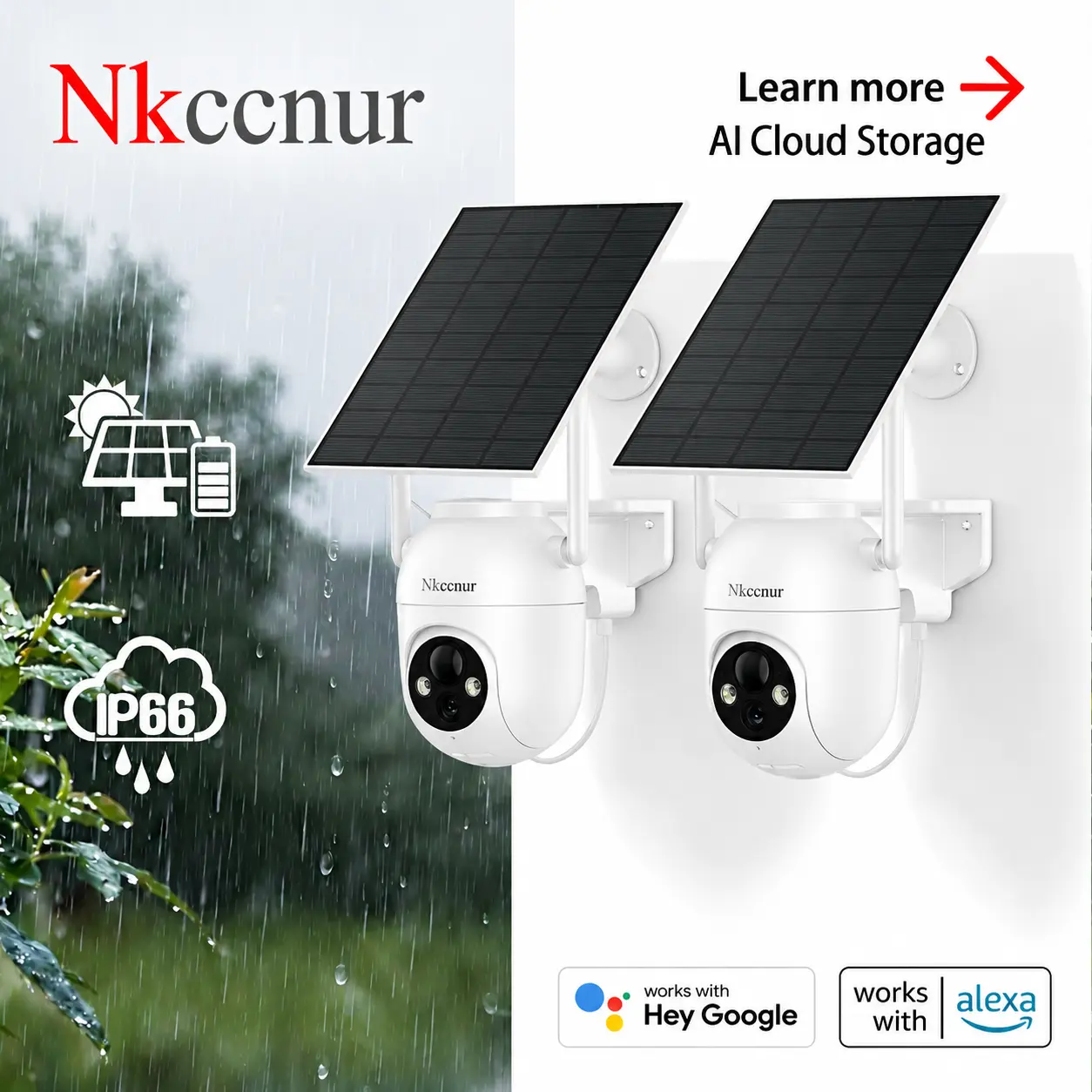 NKCCNUR Solar-Powered Wireless WiFi Outdoor Security Camera, IP66 Waterproof, AI Motion Detection, 2-Way Audio, HD Night Vision, Pan/Tilt Surveillance