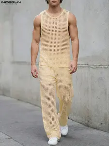 INCERUN Men's Sleeveless Tank Top and Long Pants Set, Hollow Out Design Two-Piece, Polyester, Fabric, Stylish and Comfortable Men's Fashion Ensemble Clothes