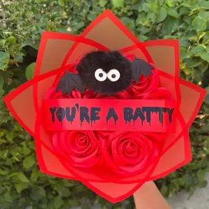 Bat bouquet .. ribbon roses with keychain plush and ribbon message