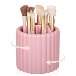 360 Rotating Makeup Brush Holder 7 Slots Make Up Brush Organizer Removable Spinning Cosmetic Brushes Storage Pen Holder for Vanity, Dresser, Desk, Pink