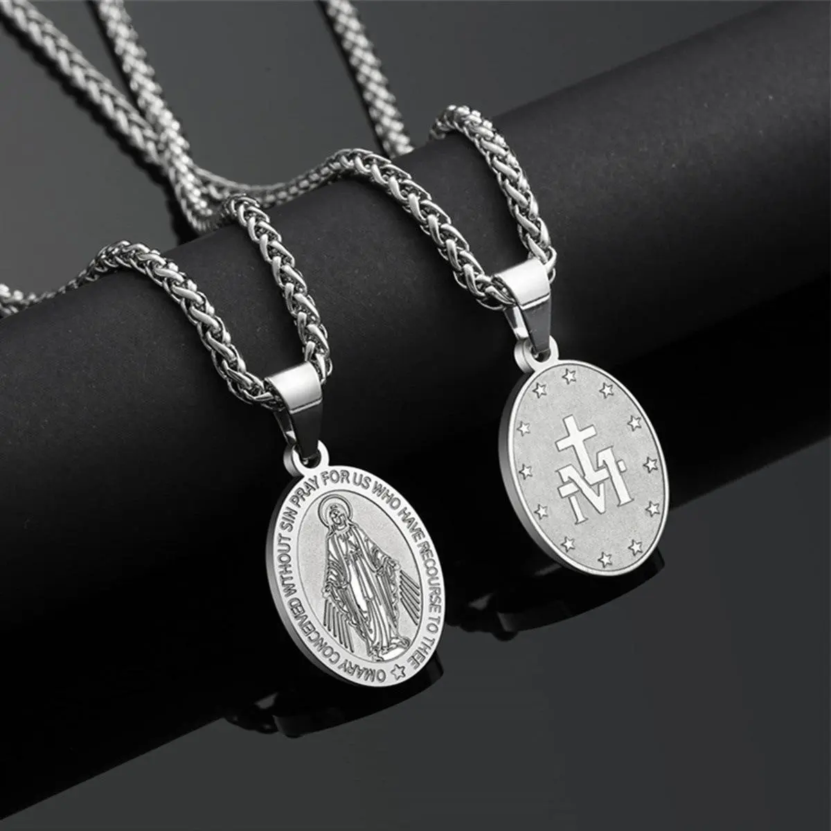 Catholic Miraculous Medal Necklace for Men & Women, Stainless Steel Virgin Mary Oval Pendant with Cross & 'M' Engraving, Wheat Chain Confirmation Gift