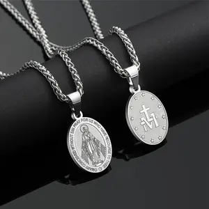 Virgin Mary Miraculous Medal Necklace for Men Women, Stainless Steel Oval Pendant with Cross & "M" Engraving, Catholic Religious Jewelry, Durable Wheat Chain Necklace, Perfect for Baptism & Confirmation Gifts