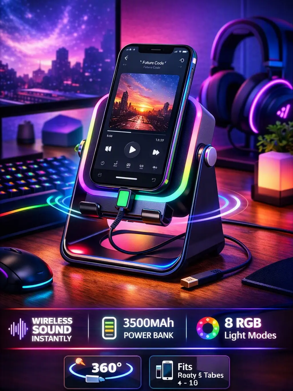 Wireless Induction Audio Speaker Stand, 5in1 Cellphone Holder, 3500mAh Rechargeable Emergency Power Bank,360° Adjustable Mobile Tablet Stand with Colorful Ambient Light Gifts for Men Women tiktokshop, Bluetooth , Smartphone