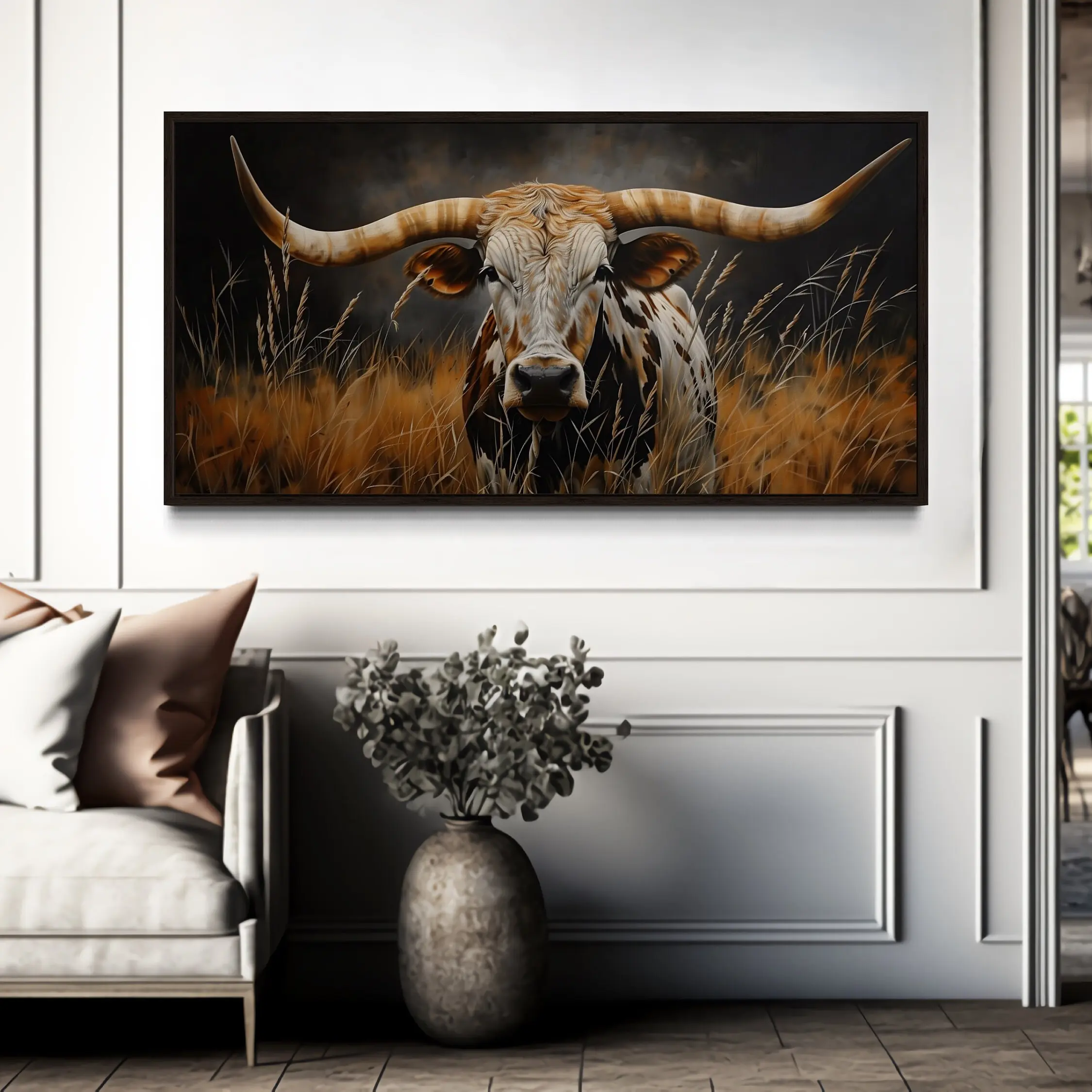 Texas Longhorn Steer In Grass Dark Brown Painting  Print,Farmhouse Wall Art, Cow Rustic Wall Art(Poster only frameless)
