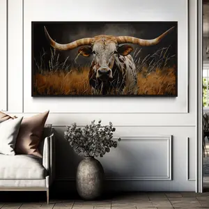 Texas Longhorn Steer In Grass Dark Brown Painting  Print,Farmhouse Wall Art, Cow Rustic Wall Art(Poster only frameless)