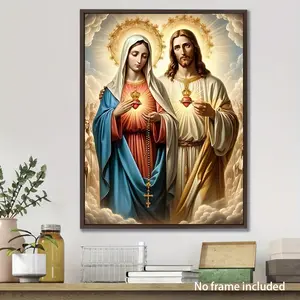Room Decor 1 Count Sacred Heart Jesus & Virgin Mary Canvas Print, Religious Oil Painting Poster, 12x16 inch, Spiritual Home Decor for Living Room, Bedroom, Office, Cafe, Wall Art without Frame