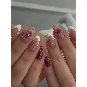 24pcs Almond-Shaped 3D Gel Nail Stickers, Floral Nail Art Design, French Tip Stickers, Pearl Decor, Perfect Fit Acrylic Nail Kit, Includes: 1pc Jelly Gel And 1pc Nail File, Bloominggelnails French Manicure, Suitable For Women's Daily Work, Festivals, Part