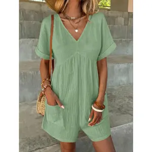 Women's Solid Color V Neck Wide Leg Romper, Casual Comfy Short Sleeve Romper for Spring & Fall, Women's Clothes for Daily Wear Womenswear Overalls