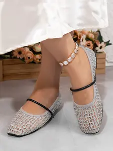 French Style Square Toe Hollow Out Woven One Strap Mary Jane Flat Single Shoe for Women, Summer Mesh Breathable Sandals 2026 New Arrival