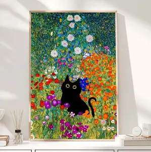 Gustav Klimt Garden Cat Print, Klimt Flowers Cat Poster, Black Cat Art, Floral Print, Funny Cat print