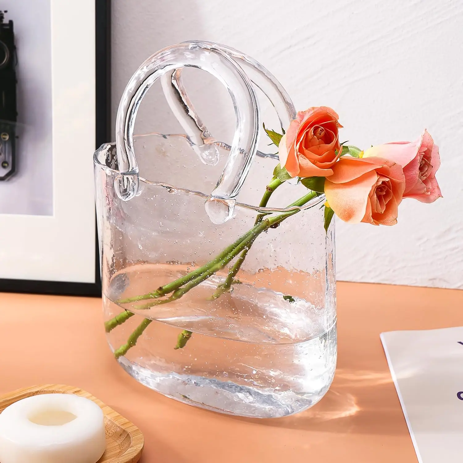 Glass Purse Vase for Flowers, Clear Bag Vases with Handle, Unique Cute Handbag Shape Decorative Flower Vases with Fish Bowl for Centerpieces Home Table Shelf Decor Birthday Gift