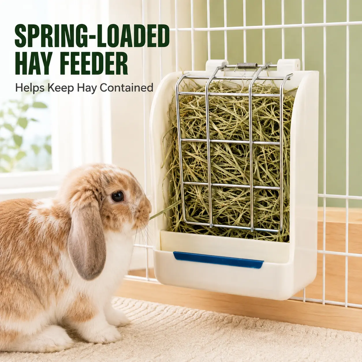 2-in-1 Small Animal Automatic Hay Feeder - Spring-Loaded Rabbit Hay Rack with Bite-Resistant Metal Grid, Rotating Cage Latch, Space-Saving Design for Rabbits, Guinea Pigs