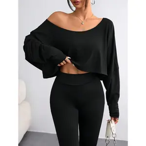 Women's Casual Solid Color Strapless Off-Shoulder Batwing-Cut T-Shirt, Polyester Knit Fabric Sports Outerwear
