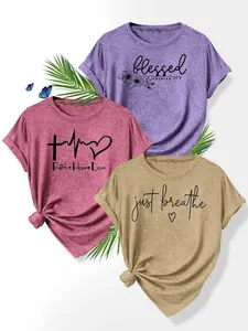Women's Heart & Flower & Letter Print Tee Top, Casual Short Sleeve Fabric T-shirt for Daily Wear, Ladies Clothes for All Seasons, Everyday Fit