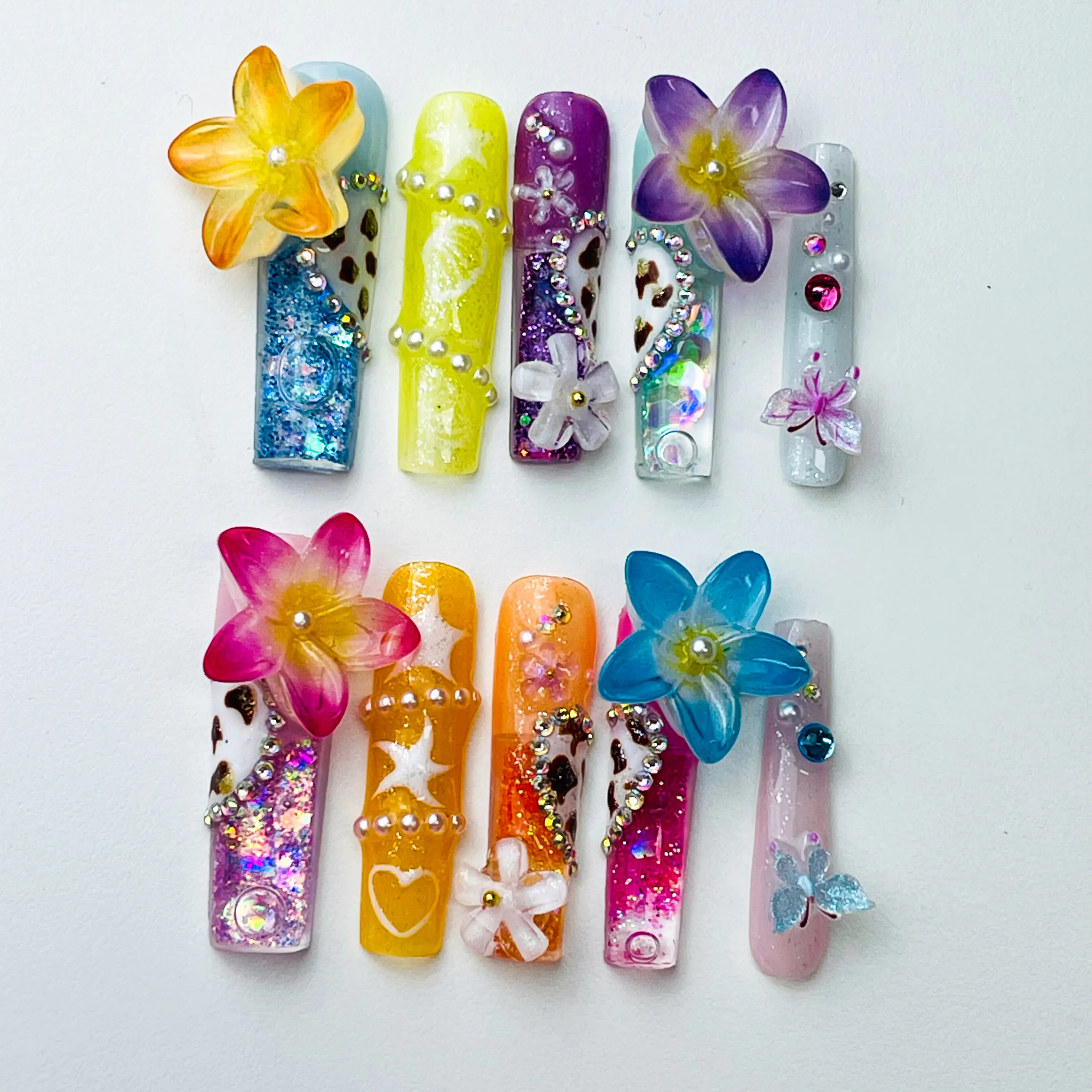 Rainbow Bloom Press-On Nails, 1.7-inch Aquarium Style Decorative Nail Art with 3D Floral, Glitter and Leopard Accents, Nails Art, Decorative Nails