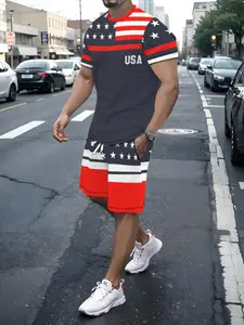 Men's Two-Piece Matching Set, American Flag Print, Round Neck, Short Sleeve, Shorts, Casual Sports, Daily Wear, Vacation Style