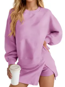Fisoew Womens 2 Piece Outfits Casual Crewneck Sweatshirt High Waisted Split Skort Skirts Workout Matching Lounge Sets