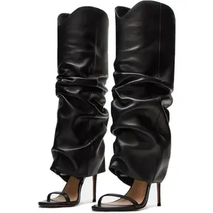 Slouchy Knee High Boots for Women Open Toe High Heel Sandals Boots Pull On Long Fashion Stiletto Heeled Boots