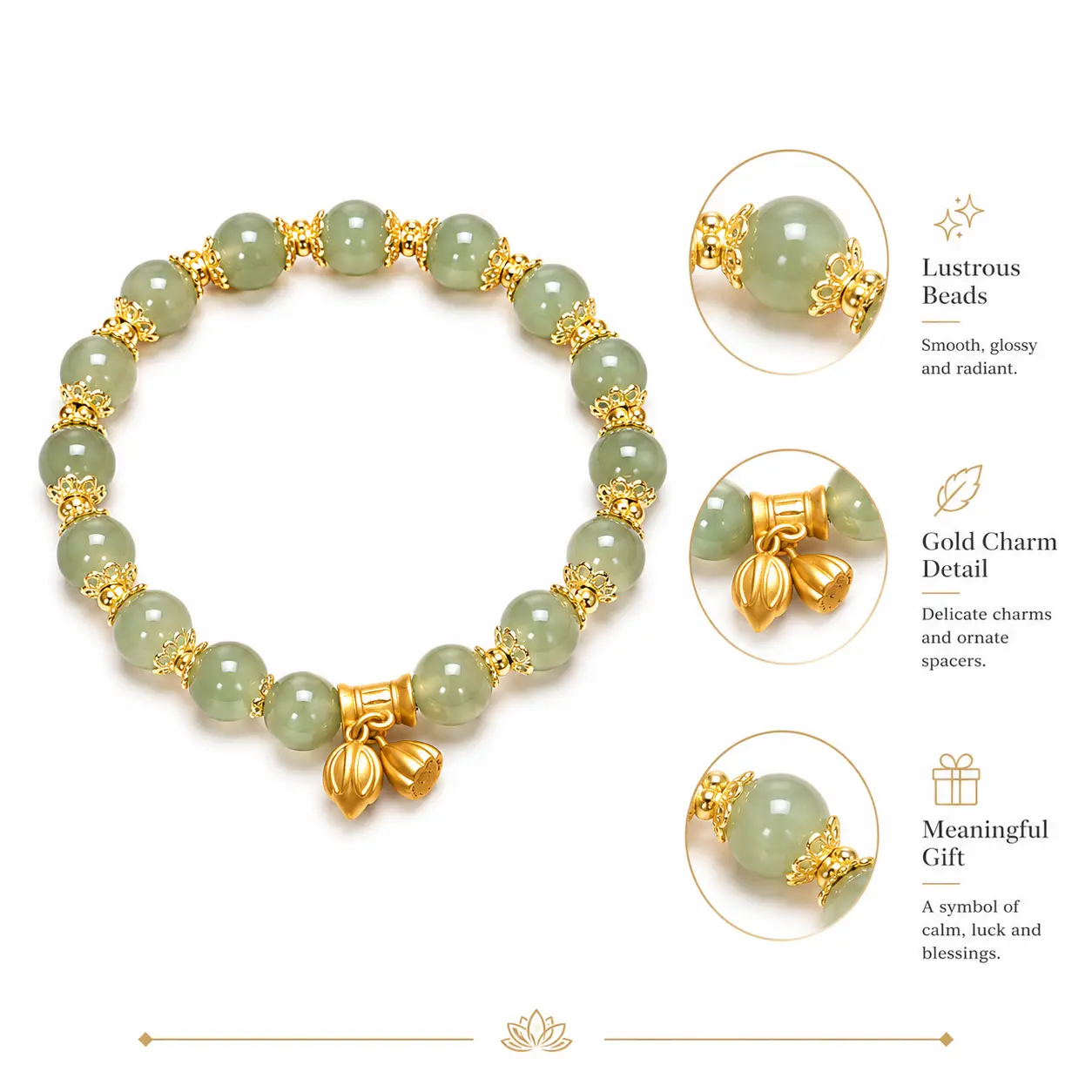 Elegant Chinese-style faux jade stretchy bracelet for women | Bead jewelry symbolizing peace, love and blessings, good luck and prosperity; a healthy gift for a girlfriend