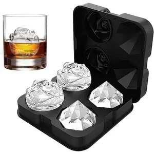 Ice Cube Tray, 2.5inch Ice Cube Molds, 2 Cavity Silicone Rose & 2 Diamond Ice Ball Maker, Easy Release Large Ice Cube Form For Chilling Cocktails,Whiskey,Bourbon & Homemade Juice (Black)
