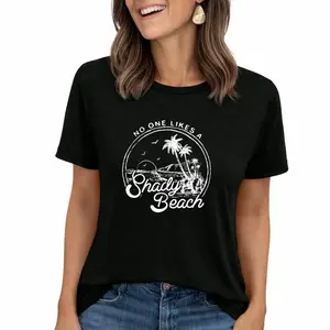 "No One Likes A Shady Beach" Funny Pun Graphic With Tropical Sketch Print Casual T-Shirt For Anyone Obsessed With Beach Humor And Laid-Back Vacation Vibes