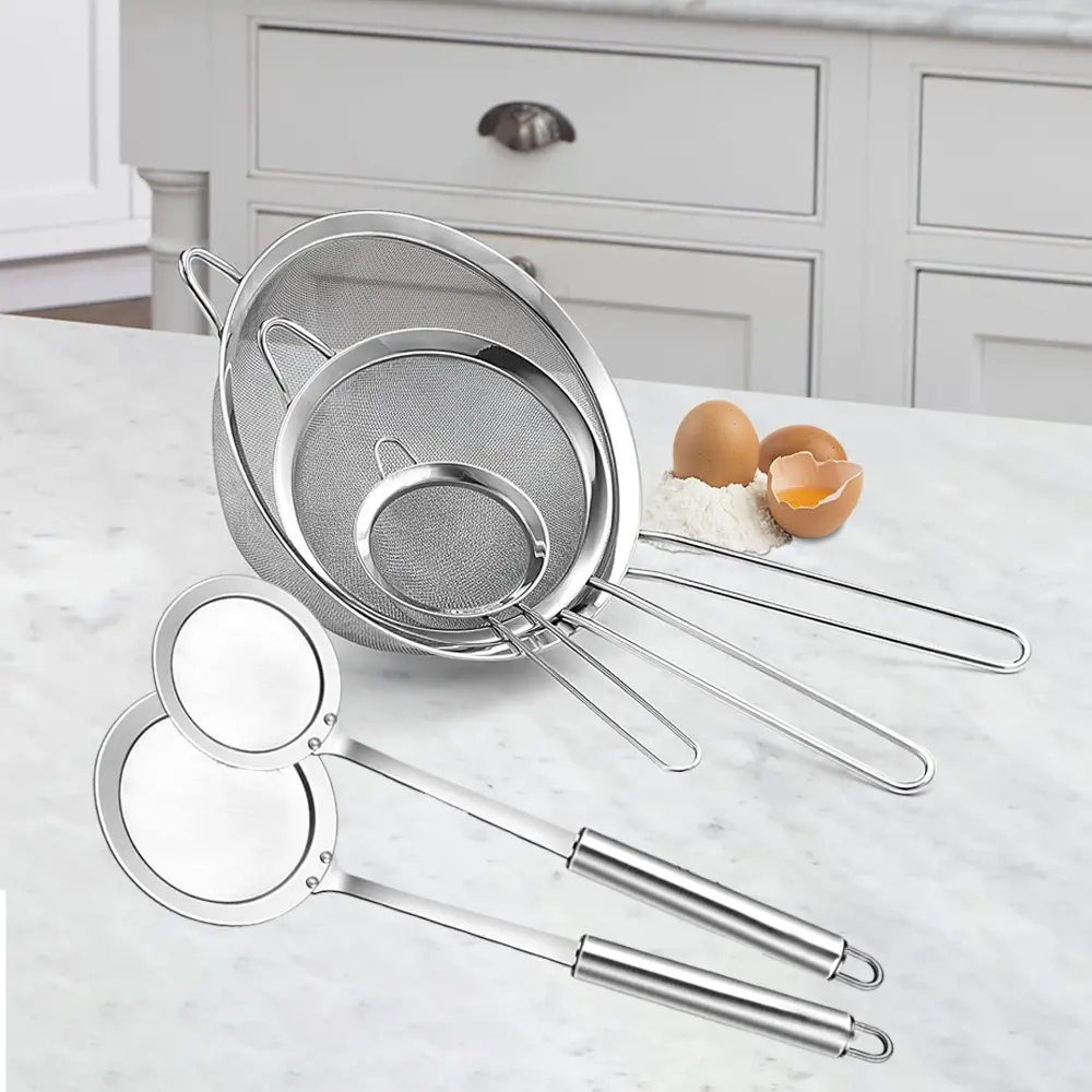 5pcs set Fine Mesh Strainer and Fat Skimmer Spoon, Multipurpose Metal Strainers for Kitchen, Rice, Quinoa, Food, 304 Stainless Steel Fat Skimmer For Cooking, Fat, Grease, Floating Foam