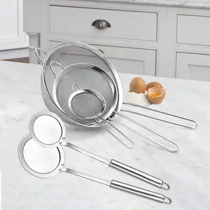 5pcs set Fine Mesh Strainer and Fat Skimmer Spoon, Multipurpose Metal Strainers for Kitchen, Rice, Quinoa, Food, 304 Stainless Steel Fat Skimmer For Cooking, Fat, Grease, Floating Foam