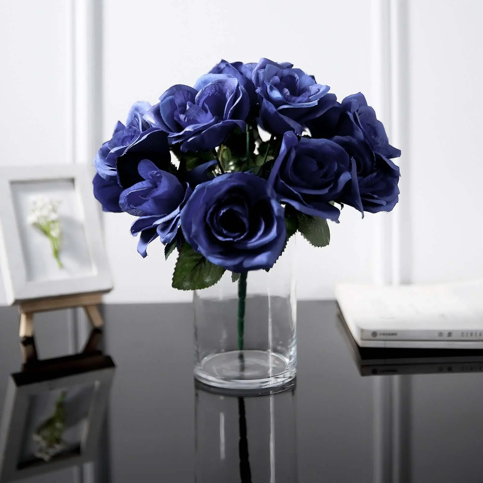12" Navy Blue Fake Flower Bouquet with Velvet Rose Texture, Velvet-Like Finish & Wedding-Ready Look for Home Floral Decor Arrangements