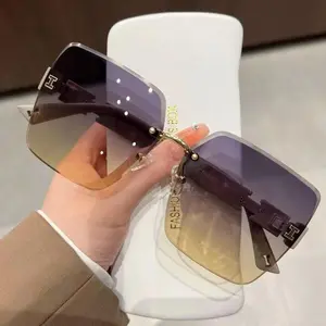 Vintage Square Rimless Sunglasses, Trendy Gradient Color Lens, UV Protection Driving Glasses for Women, Fashion Accessory