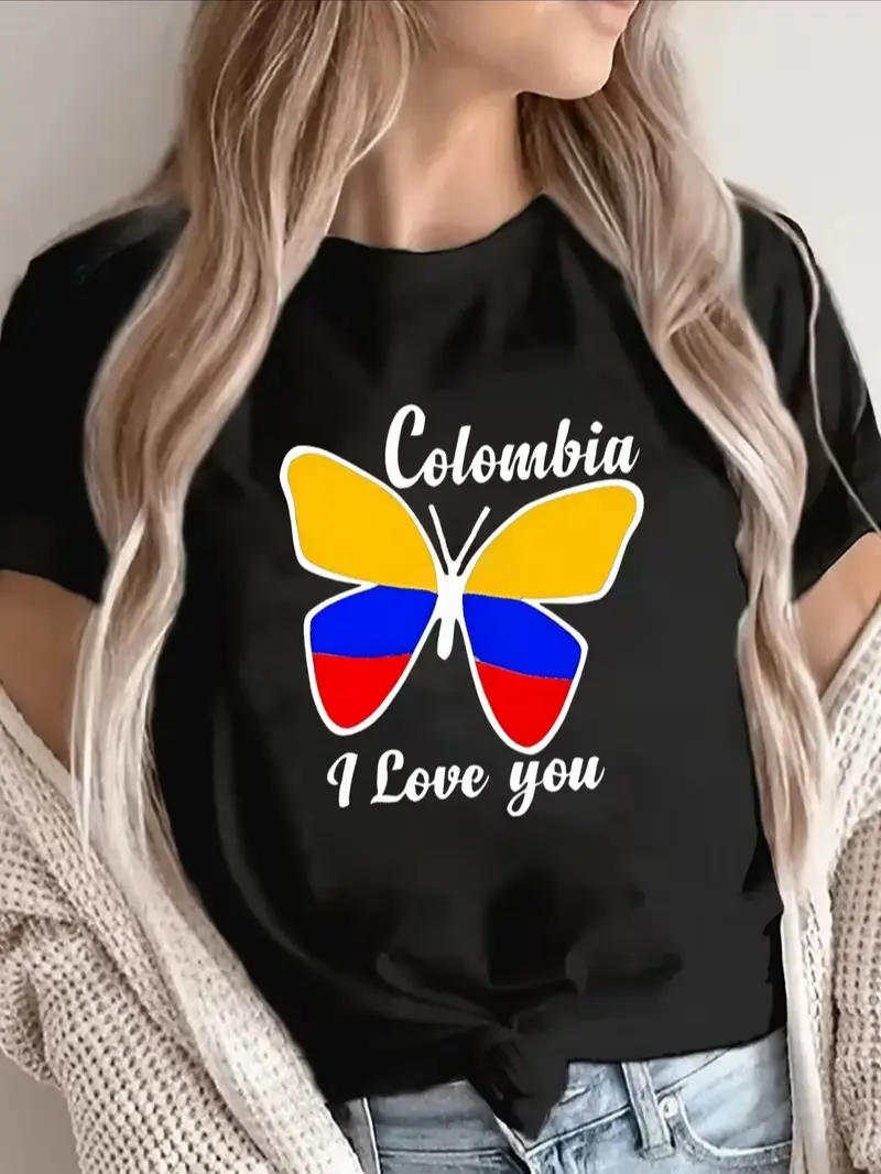 Lightweight T-Shirt Featuring a Butterfly Design with The Colombian Flag, Printed with 'Colombia I Love You'. Ideal for Casual Outings, Outdoor Adventures, Or Lounging at Home, It Offers a Comfortable Fit for Daily Wear