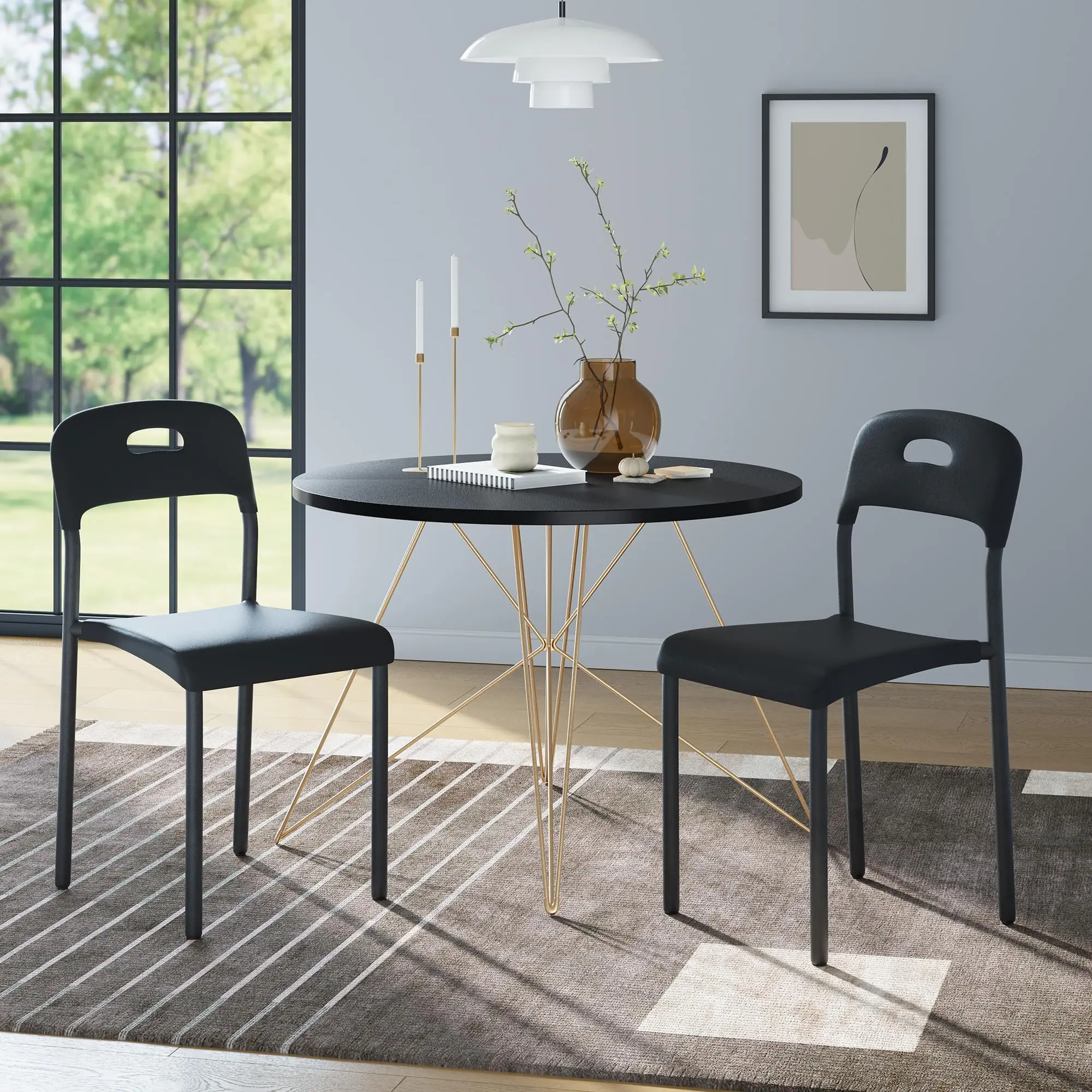 Black Dining Chairs Set of 2,Plastic Stackable Kitchen Chair,Metal Legs,Easy Assembly, Ergonomic Back, Waterproof and Stain-Resistant,Plastic Chair for Outside,Office,Kitchen,Living Room