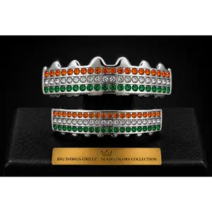 Team Colors Silver 6 Rows Iced CZ Mouth Teeth Grillz Upper Lower Set Orange Green