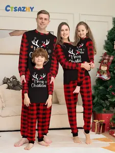 Family Christmas Pajamas Set, Santa Reindeer Plaid Print, Long Sleeve Casual Home Wear, Winter Sleepwear for All Seasons