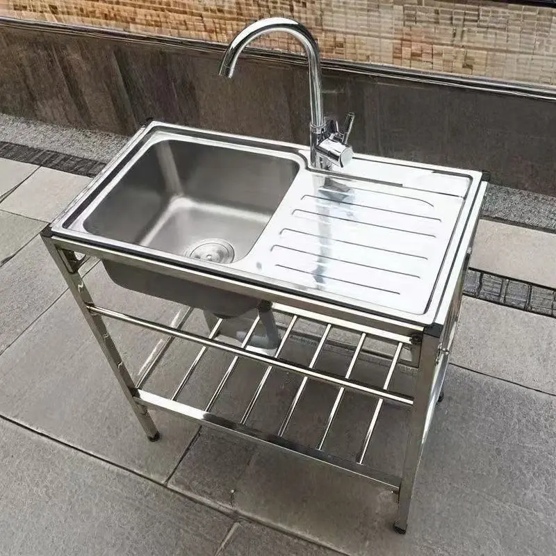 Freestanding Stainless Steel Utility Sink Station Single Bowl Drain Board Sink With Storage Rack Heavy Duty Outdoor Kitchen Washing Basin For Backyard Garage Camp Rental House
