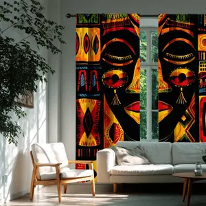 2pcs African Ethnic Colorful Mask Curtains, Geometric Pattern Decorative Drapes, Artistic Light Blocking Home Textiles, Bedroom & Living Room