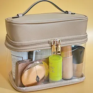 Clear Toiletry Makeup  Vanity Case with Top Compartment  With Built In Organizer TSA Approved