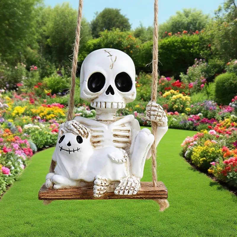 New Skull and Cat Swing Pendant Garden Courtyard Tree Hanging Decoration Home Halloween Ghost Ornament Patio Yard Decoration