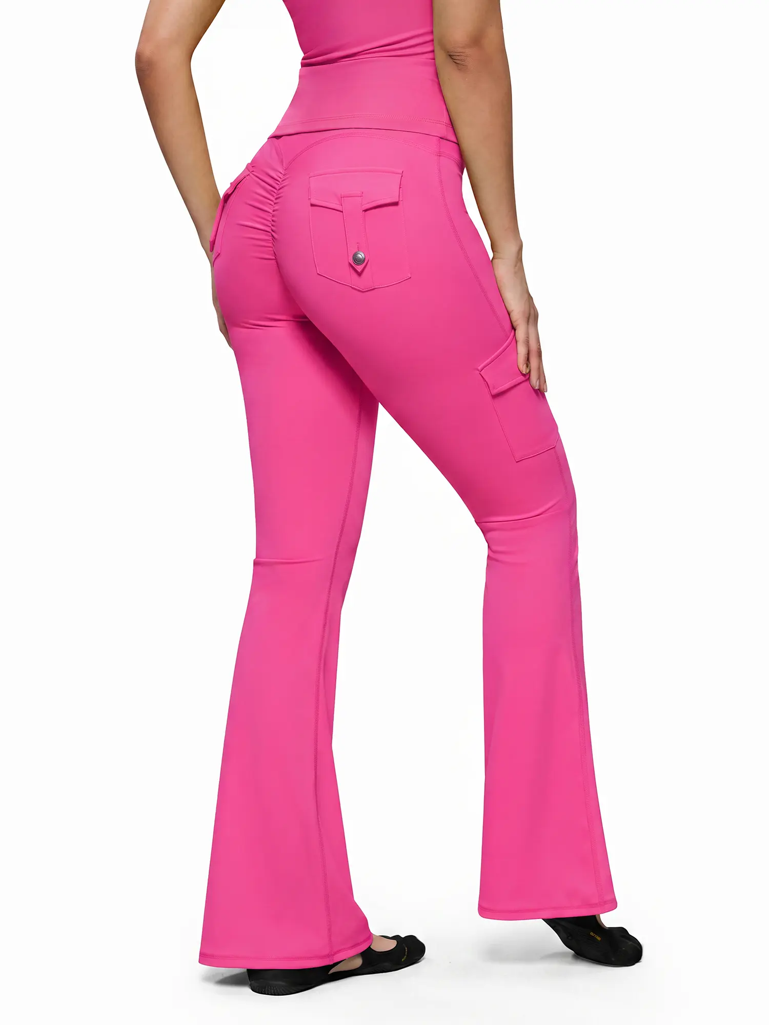 FDR X AOSSIO Women's Button Cargo Pocket High-Waisted Bootcut Flare Pants Ruched Butt Y2K Athletic Workout Leggings Activewear