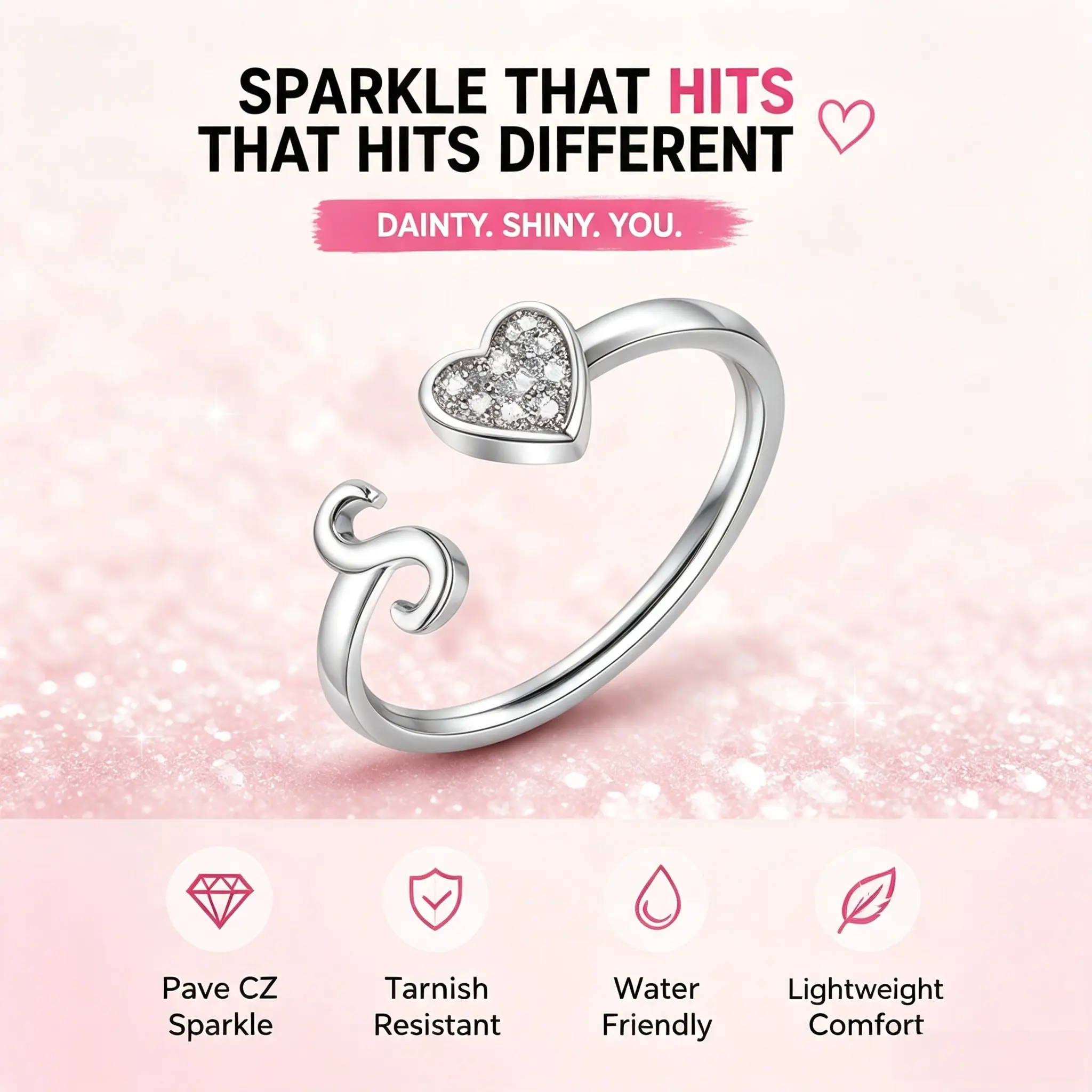 Women's Heart CZ Open Ring, Sparkling Crystal Love Adjustable Ring, Elegant Silver Tone Minimalist Jewelry, Romantic Gift for Her